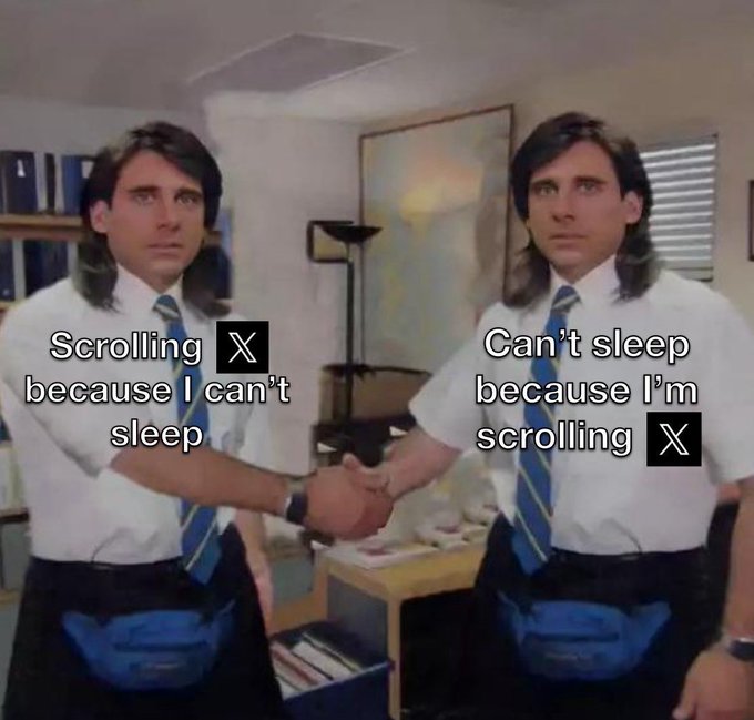 The image shows a meme of two men shaking hands, with the left labeled "Scrolling X because I can't sleep" and the right labeled "Can't sleep because I'm scrolling X." 

The meme humorously illustrates the circular cycle described in the post—the author is caught in a loop of asking themselves questions about Nomisma Network's gas solutions, QuipNetwork's quantum technology, and TheARCTERMINAL's enterprise privacy scaling, late at night on X, where scrolling keeps them awake and sleeplessness keeps them scrolling.