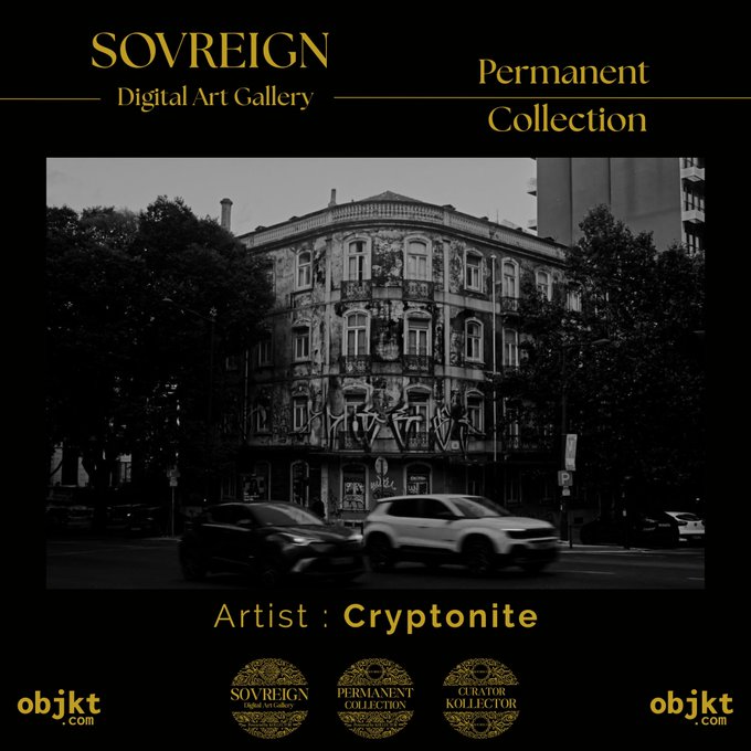 A black-and-white photograph of a graffiti-covered building on a city corner with cars passing by, labeled 'SOVREIGN Digital Art Gallery Permanent Collection' and credited to 'Artist: Cryptonite'.