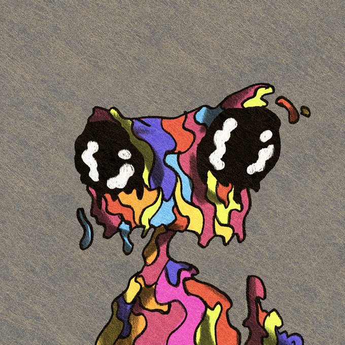 The image features a colorful cartoon-like creature with big eyes and a face painted in various colors of paint or ink. The creature appears to be dripping or oozing, giving it a unique and eye-catching appearance. The text in the image reads "RANGO NFT GIVEAWAY IS NOW OPEN Big opportunity for NFT collectors! We're teaming up with @RangoETH_ to reward the community with: 10 Guaranteed WL/GTD Spots Chain: ETH Collection Size: 
1,500 NFTs Mint Price: TBA Marketplace: OpenSea To Enter:". The image seems to be promoting a new NFT collection or offering, possibly related to the RANGO character.