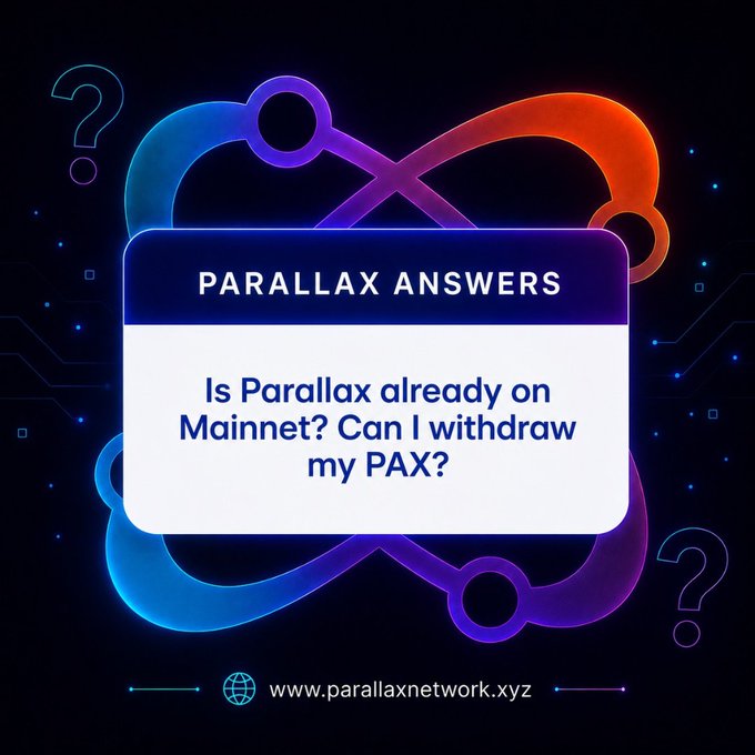 A dark, tech-themed graphic titled "PARALLAX ANSWERS" features a central text box addressing the questions: "Is Parallax already on Mainnet? Can I withdraw my PAX?" The design includes an infinity-style ribbon in purple and orange hues, decorative question marks, and the website "www.parallaxnetwork.xyz" at the bottom. This visual directly supports the post's message, clarifying that both questions are linked to the network's ongoing development phase before withdrawals can be enabled.