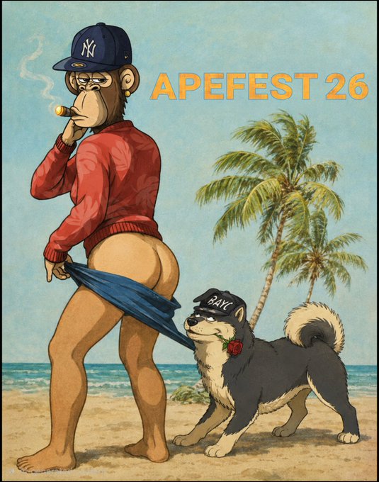 An illustration for "APEFEST 26" featuring a cartoon ape in a red sweater and Yankees cap smoking a cigar, with a small Shiba Inu wearing a "BAYC" hat standing behind him on a tropical beach. The image humorously visually depicts the provided caption's theme of a confrontation between "Curtis" (the ape) and the "Kennel Club" (represented by the dog).