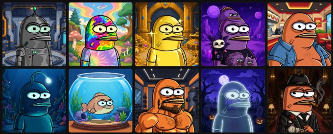 A grid of 10 cartoon-style NFT images featuring various Pepe the Frog characters in different costumes and settings.