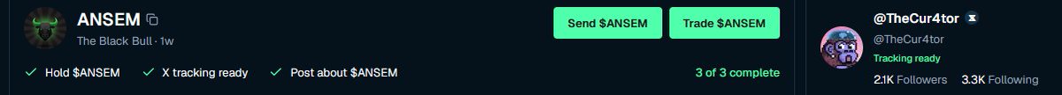 Trading interface screen showing $ANSEM (The Black Bull) token with options to Send, Trade, Hold, and track on X, alongside a profile for @TheCur4tor with 21K followers.