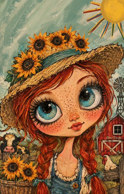 A colorful illustration of a red-haired girl with large blue eyes and freckles, wearing a straw hat adorned with sunflowers and denim overalls. A sun, cow, chicken, and 'Pear Farms' barn are visible in the background.