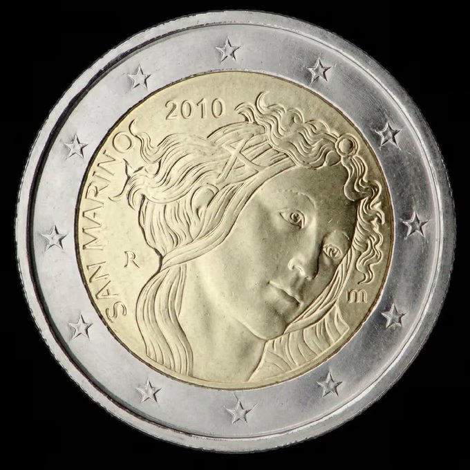 A 2010 San Marino 2 Euro commemorative coin featuring the allegorical figure of Liberty, with 'SAN MARINO' inscribed and stars around the outer ring.
