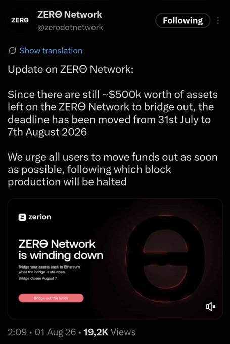 A Twitter/X post from @zerodotnetwork announcing an update that the bridge deadline has been moved from 31st July to 7th August 2026, urging users to move funds out before block production is halted.