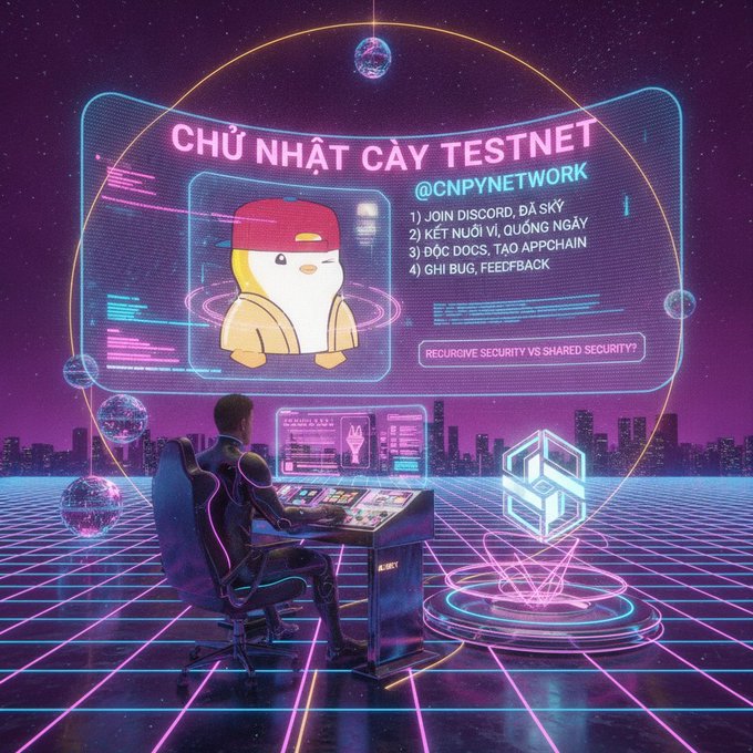 A retro-futuristic digital art image with a person at a computer, showing 'CHỦ NHẬT CÀY TESTNET @CNPYNETWORK' with instructions to join Discord, do tasks, read docs, and give feedback.