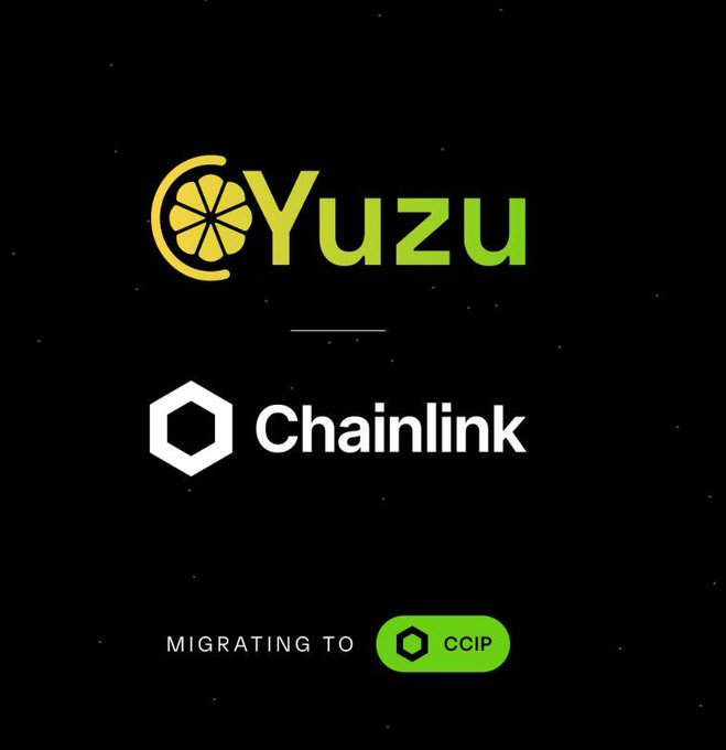 A graphic on a black background displays the Yuzu logo (with a citrus slice icon) in yellow-green above the Chainlink logo in white, with the text "MIGRATING TO CCIP" at the bottom, visually confirming Yuzu Money's migration to Chainlink's Cross-Chain Interoperability Protocol (CCIP) as described in the announcement about leaving LayerZero for Chainlink's enterprise-grade infrastructure.