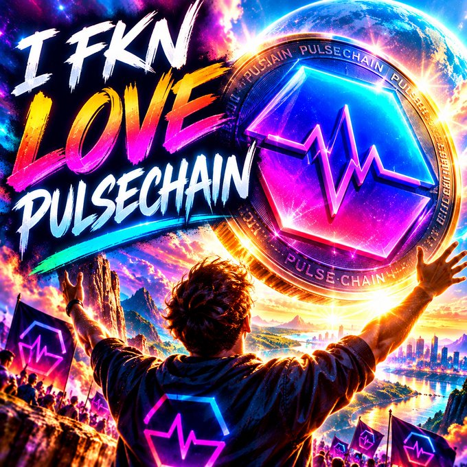 Vibrant fan art style graphic reading 'I FKN LOVE PULSECHAIN' featuring a person with raised arms and a large hexagonal PulseChain token emblem against a cosmic sky.