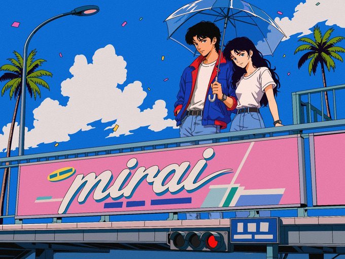 Retro anime-style illustration of a couple standing under an umbrella on a balcony with a "mirai" billboard and palm trees in the background.