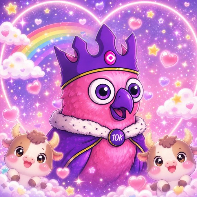 A pink cartoon bird wearing a purple crown and cape with a "10K" badge, surrounded by hearts, stars, a rainbow, clouds, and two smiling baby cows in a sparkly purple fantasy setting.