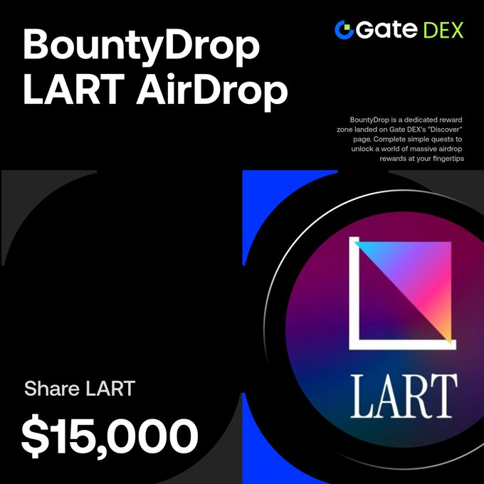 The image features a vibrant advertisement for an event that revolves around the concept of "BountyDrop" on social media platforms such as Twitter, Instagram, Facebook or Google+ under the GateDex platform. The central part of the image focuses on three different instances of a colorfully designed logo and the name of the event in red text at the bottom of it. The post emphasizes that this is an exclusive event for enthusiasts of the currency known as "LART" (Latin Air Drop).

The main focus of the ad is an advertisement promoting the event, highlighting its unique aspects such as $15,000 invested and a chance to join forces with the CoinLart network. These events typically involve joining or launching a new airdrop service in exchange for investing money into it. The campaign seems to be directed towards users who are familiar with the CoinLart platform and might have an interest in trying out this particular currency or participating in other events related to the coin world.