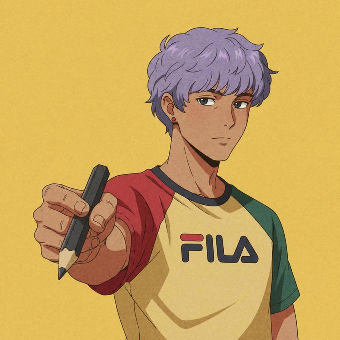 An anime-style illustration of a young man with purple hair wearing a FILA raglan t-shirt, holding out a pencil toward the viewer against a yellow background.