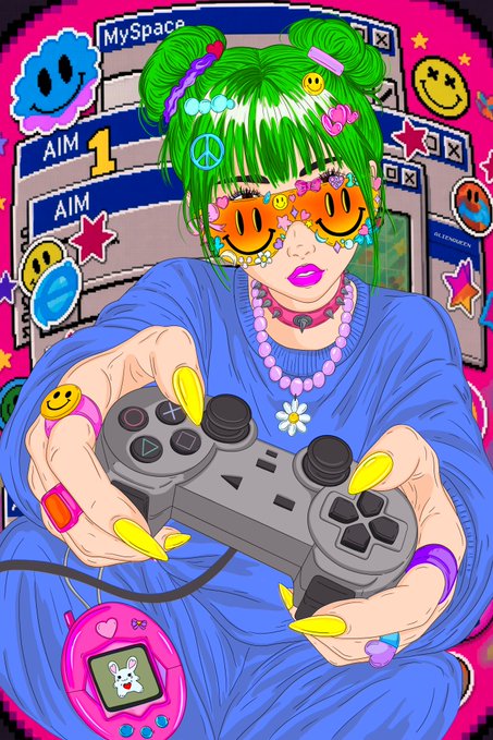 A vibrant illustration of a girl with bright green hair, smiley-face sunglasses, and yellow nails holding a gray video game controller, with a pink Tamagotchi-like device hanging below. The background features retro computer windows for 'MySpace' and 'AIM' along with various colorful stickers.
