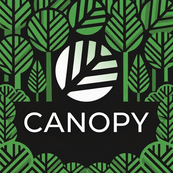 A logo for 'CANOPY' featuring a white stylized tree icon surrounded by green leaf patterns on a black background.