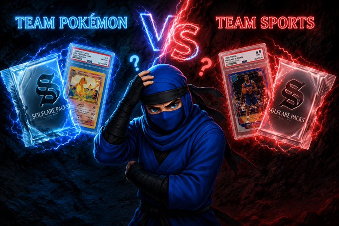A promotional graphic for 'TEAM POKEMON VS TEAM SPORTS' featuring a blue ninja character holding trading card packs, with a Charizard card and a basketball card displayed.
