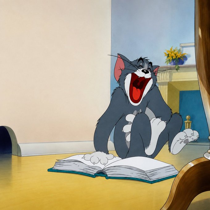 Tom the cat from *Tom and Jerry* is captured mid-laugh with his mouth wide open and eyes squeezed shut, sitting on the floor next to an open book in a classic cartoon pose. The image perfectly captures the playful, self-satisfied feeling of cracking up at your own jokes, with Tom's exaggerated expression embodying that "laughing at my own memes" energy.