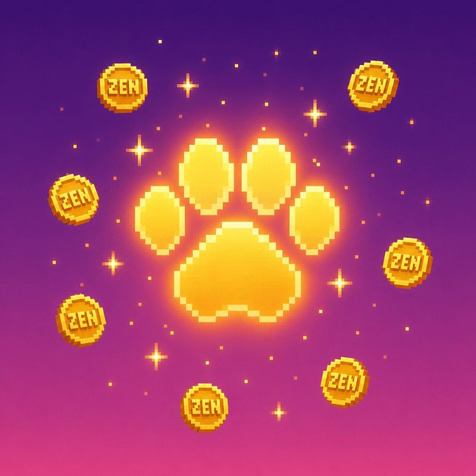 A pixel-art style graphic featuring a glowing golden paw print surrounded by ZEN coins on a purple-to-pink gradient background with star sparkles.