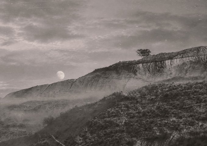 A black and white landscape photograph shows a rugged hillside with a solitary tree silhouetted against a cloudy sky, with a bright full moon visible on the horizon.