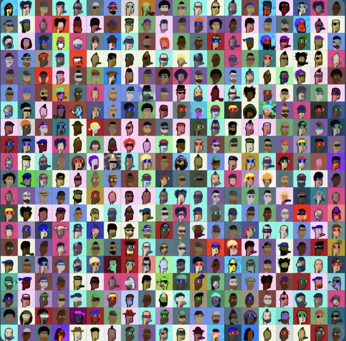 A grid of numerous small pixel art avatars featuring various character designs, hairstyles, and accessories, likely NFT profile pictures.