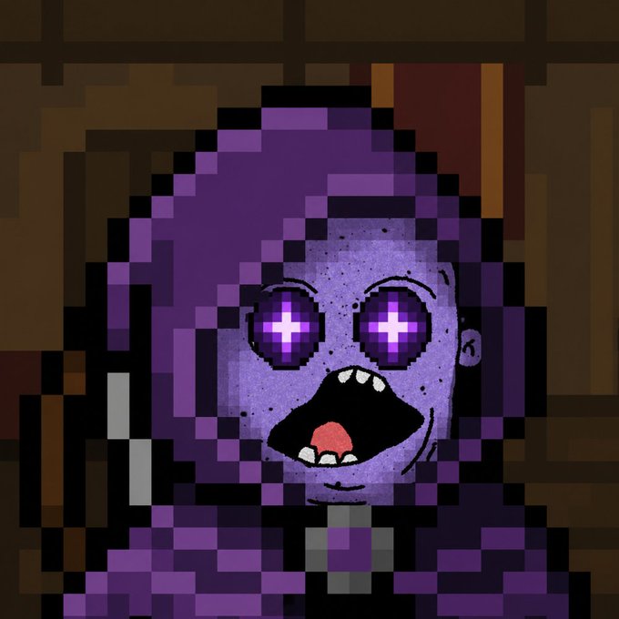 A pixel-art style illustration of a hooded figure with purple skin, glowing purple cross-shaped eyes, and an open mouth showing teeth and tongue.
