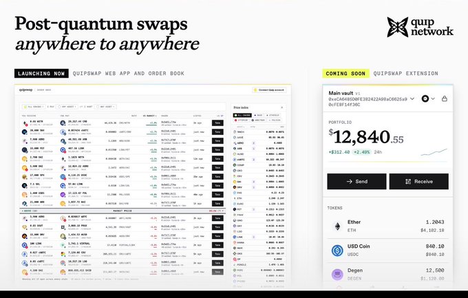 A promotional image for Quip Network displays 'Post-quantum swaps anywhere to anywhere' alongside screenshots of their web app and extension showing cryptocurrency portfolio holdings.