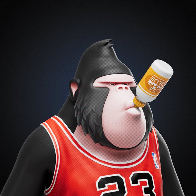 A 3D rendered gorilla wearing a red basketball jersey numbered '23' drinks from a bottle labeled 'DUTCH'.
