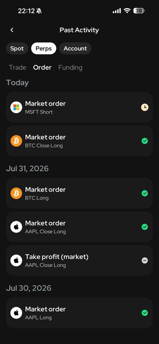A mobile app screenshot showing 'Past Activity' on a crypto trading platform with a list of market orders including MSFT Short, BTC Close Long, BTC Long, AAPL Close Long, Take profit, and AAPL Long transactions.