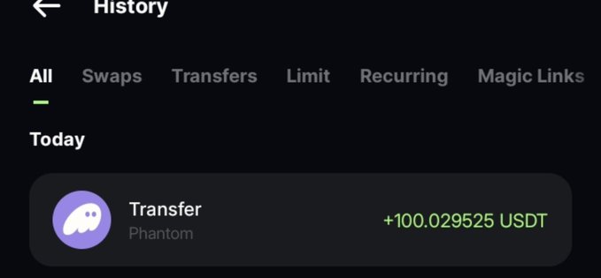 A screenshot of a cryptocurrency transaction history displaying a transfer of +100.029525 USDT from Phantom wallet.