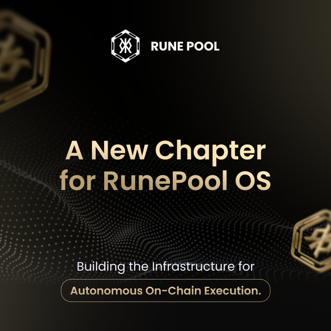 A promotional graphic for RunePool OS featuring the company's hexagonal logo and the headline "A New Chapter for RunePool OS" with the tagline "Building the Infrastructure for Autonomous On-Chain Execution," visually announcing the public access launch described in the accompanying post.