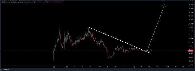 The image displays a cryptocurrency chart for the "toes" token on the WazirX exchange against the Tether (USDT) pair, showing a descending wedge pattern (highlighted by white trendlines) with a green arrow projecting a breakout toward approximately $30-50M market cap. The accompanying text aligns with this technical analysis, noting the token recently tapped $7M mcap, pulled back to $5.4M, and anticipating a surge past $10M toward $50M as whales prepare to enter positions.