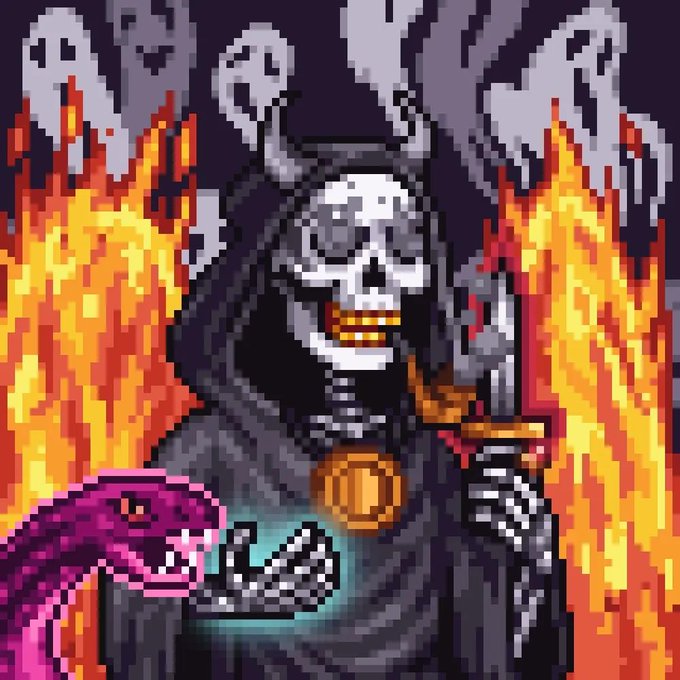 Pixel art illustration depicting a dark hooded grim reaper skeleton with a golden scythe, holding a glowing blue skull while surrounded by flames and floating ghosts against a dark purple background, with a small pink dinosaur beside it.