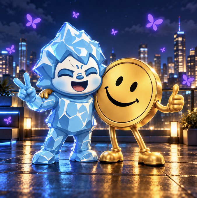 Two cheerful 3D characters—a blue icy figure flashing a peace sign and a golden smiley coin giving a thumbs-up—pose together on a rooftop overlooking a glowing nighttime cityscape filled with purple butterflies, symbolizing the StonksPad project's partnership and bullish momentum built atop Flap's launchpad ecosystem.