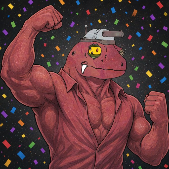 Illustration of a muscular red reptilian creature with fangs wearing a button-up shirt, striking a double-bicep flex pose against a black background with colorful confetti