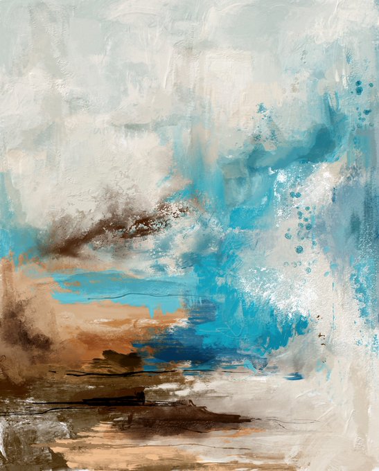 An abstract painting featuring textured brushstrokes in white, turquoise blue, and earthy brown tones.
