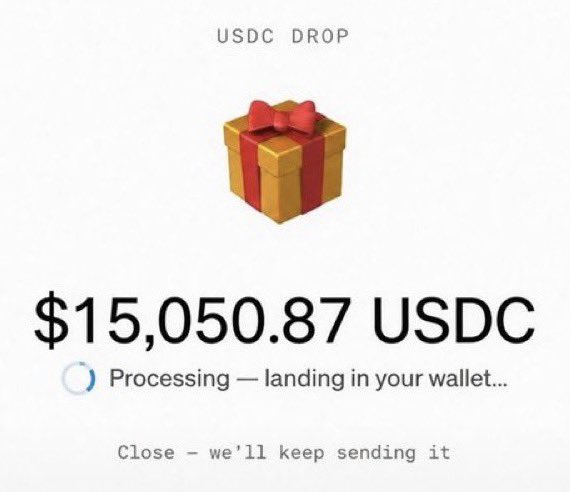 A digital notification showing a 'USDC DROP' gift box icon with the amount '$15,050.87 USDC' processing into a wallet.