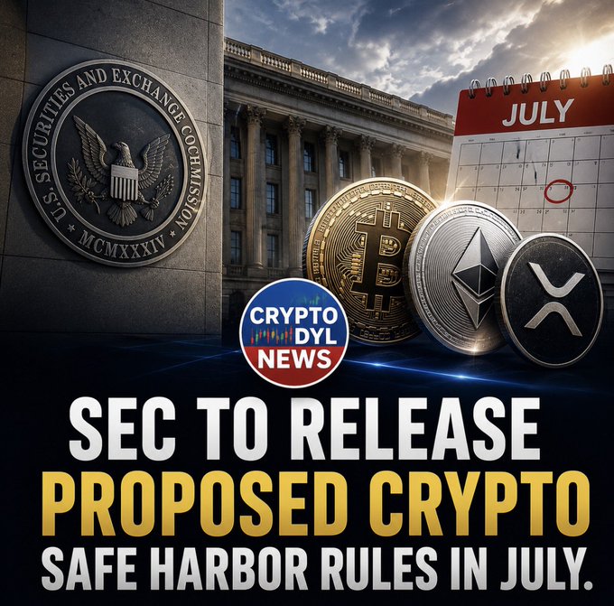 A promotional graphic for CryptoDLY News featuring the U.S. Securities and Exchange Commission (SEC) seal alongside representations of Bitcoin, Ethereum, and XRP cryptocurrencies next to a July calendar, with the headline "SEC TO RELEASE PROPOSED CRYPTO SAFE HARBOR RULES IN JULY" illustrating the report's announcement.