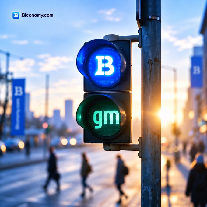 A traffic light displays a blue 'B' on top and a green 'gm' on the bottom, with the Bconomy.com logo in the corner.