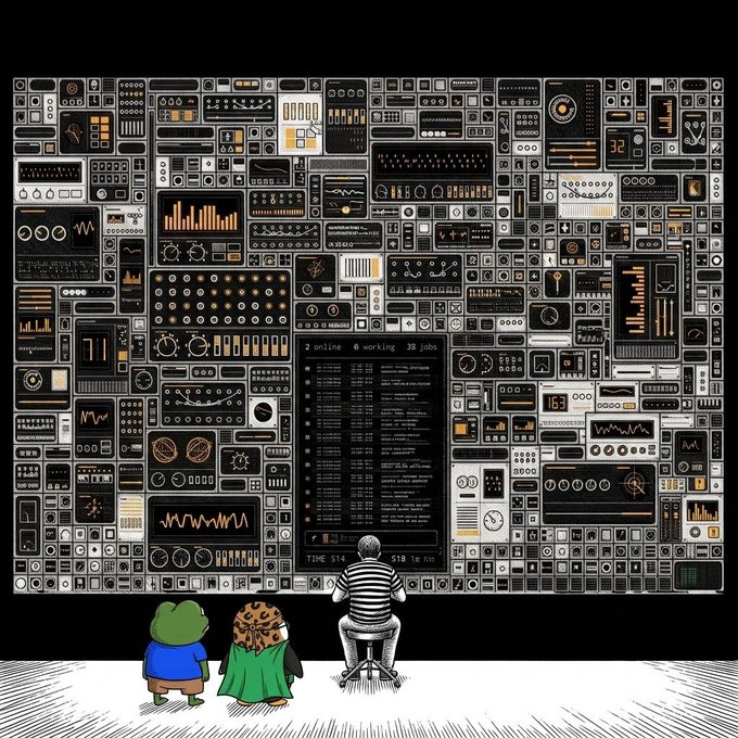 An illustration of a giant control panel displaying '2 online 0 working 38 jobs' being observed by a frog, a leopard, and a person sitting on a stool.