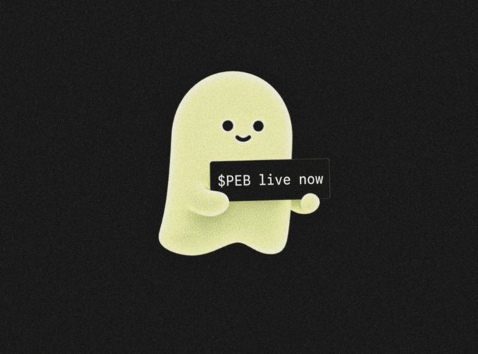 A small, smiling, ghost-like yellow figure holds a black sign that reads '$PEB live now' on a black surface.