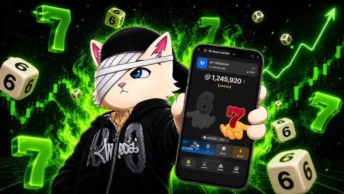 A stylized white cat character holds up a phone displaying a “67” memecoin trading page and “1,245,920” balance, surrounded by green “67” graphics, dice, and rising candlesticks.