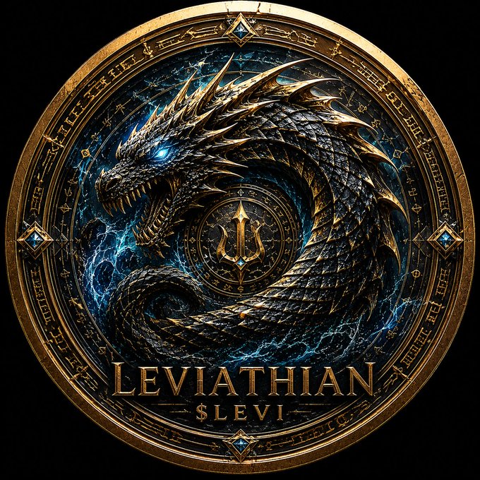 A fantasy emblem featuring a coiled black dragon with blue glowing eyes surrounded by an ornate gold circular frame inscribed with runes, with the text "LEVIATHAN" and "SLEVI" displayed prominently at the bottom.