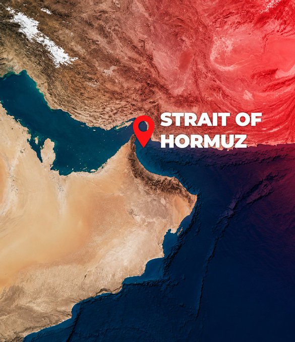 A satellite map view highlighting the Strait of Hormuz with a red location pin between the Persian Gulf and the Gulf of Oman.