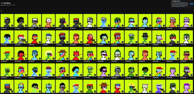 A grid of over 80 colorful pixel-art CryptoPunk avatars displayed on a bright lime-green background, with "View Media" visible in the top-left corner and a "Getting it Tunes" notification in the top-right. The image relates to the post's "REVEAL after Sold Out" caption by showing the diverse, randomly-generated punk characters that buyers would discover after purchasing, emphasizing the surprise element of the reveal.