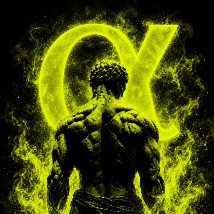 A muscular figure viewed from behind stands before a glowing green alpha (α) symbol surrounded by flames and particle effects on a dark background.