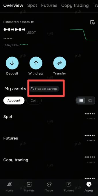 A cryptocurrency exchange app interface showing the 'Assets' tab with a red highlight around the 'Flexible savings' button in the 'My assets' section.