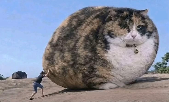 A humorous digitally altered image showing a person pushing a giant, round calico cat across a rocky landscape under a blue sky.