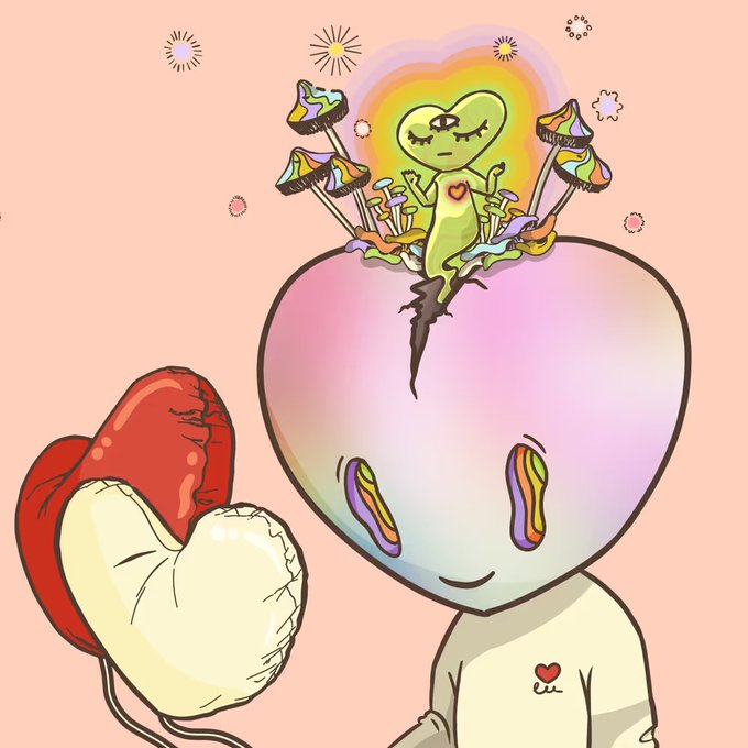 A psychedelic illustration of a character with a rainbow heart-shaped head containing mushrooms and a cactus, wearing a red boxing glove and a shirt with a small heart logo.