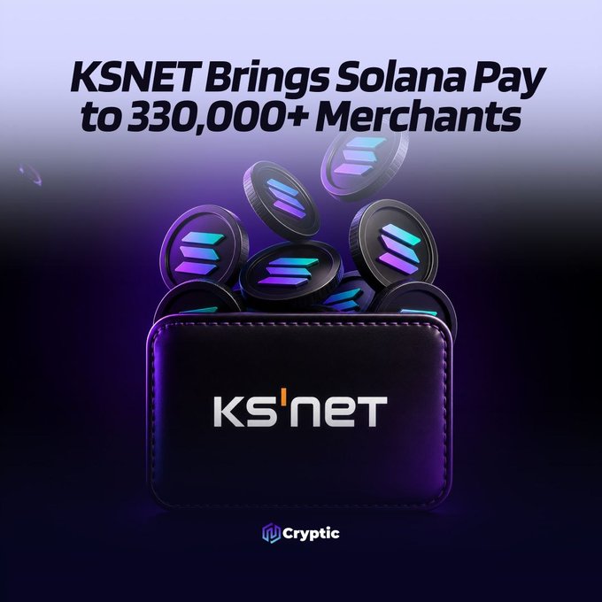 KSNET is integrating Solana Pay to over 330,000 merchants, as shown with KSNET's logo on a wallet overflowing with Solana coins.