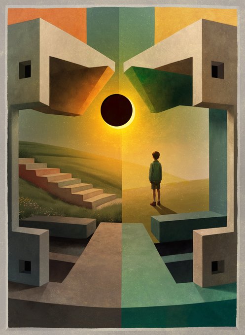 A surreal artwork showing a small figure standing in a divided landscape with green and yellow halves, observing a dark eclipse-like circle in the sky, framed by geometric architectural structures and a staircase.